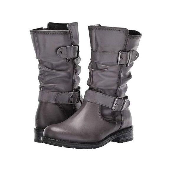 Eric Michael Shoes - NEW Eric Michael Women Noelle Grey Strap Buckle Zipper Mid Calf Motorcycle Boot
